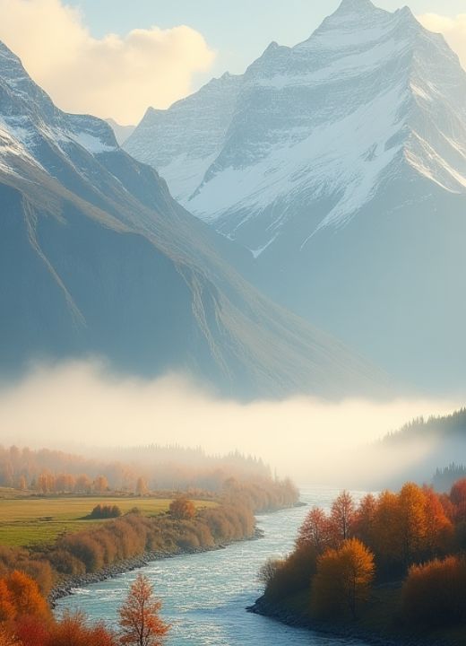 A photorealistic image of a serene mountain landscape, majestic snow-capped peaks, lush colorful autumn valleys below, crystal clear river flowing through the valley. Early morning light casting a golden glow,...