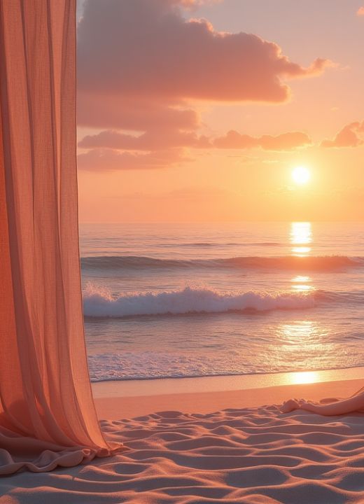 As you enter a virtual exhibition space set on a warm evening by the ocean, a serene seascape unfolds before your eyes, with gentle waves lapping against a crimson sunset. The sound of the ocean and soft winds fill the space, while beneath your feet, you feel the soft, textured sensation of sand, mimicking the touch of waves on your skin.