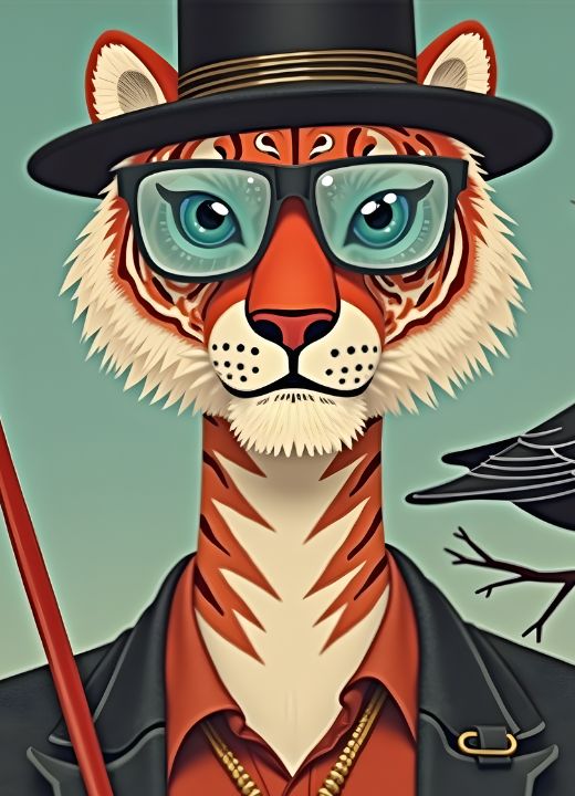 The image of a tiger and magpie from the traditional Korean folk tale, Jokhodo, is presented in an avant-garde style with a modern, sophisticated, kitschy and colorful color scheme,...