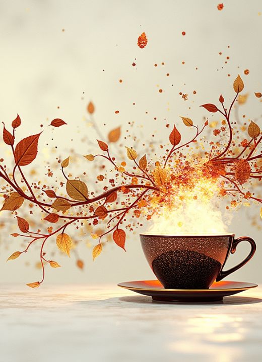 abstract, gold and red leaf, a cup of a coffee, otherworldly hues