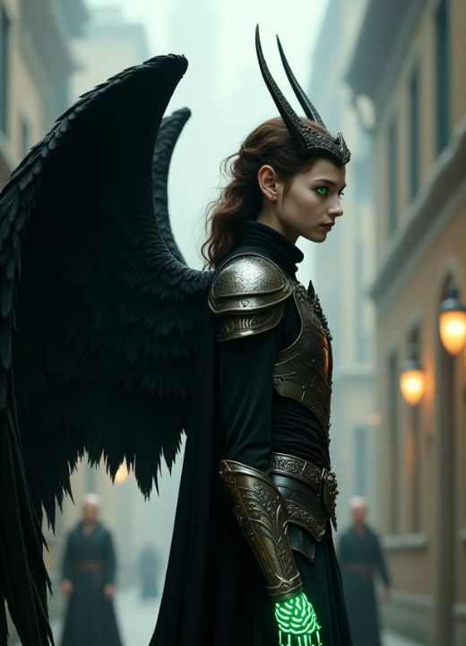 A side shot of the handsome young humanoid alien leader, walking in the village. He is dressed in Gothic-style attire, adorned with intricate details and dark, flowing fabrics that contrast with his luminescent skin. He has flawless, pale white skin and large, angelic black wings that extend gracefully behind him. He has brown hair, clear green eyes and is wearing intricate metal armor with horns on his head.